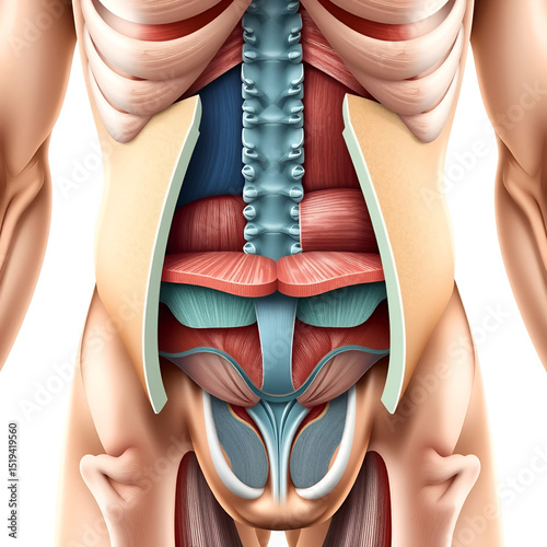 Abdominal wall Layers, muscles and fascia. Cross-section Anatomy  Abdominal wall. Medical Illustration