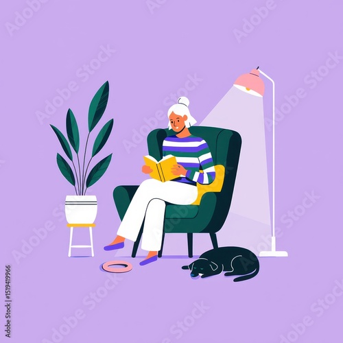 Woman sitting comfortably in an armchair reading a book with a dog resting nearby under a floor lamp and a large potted plant on a purple background