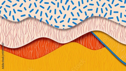 abstract layered paper cutout design with wavy shapes in cream, red, orange, and yellow featuring blue dash patterns and fine line details creating a textured modern art feel