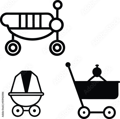 Collection of Three Stylized Baby Stroller Illustrations in Black and White