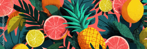 Vibrant tropical fruit banner featuring pineapple, citrus slices, and lush green leaves