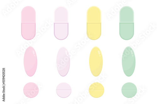 Set of different pill and tablet icon with pastel color vector illustration. Suitable for clip art, stickers, flat design illustration, etc