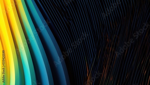 Colorful flowing abstract lines forming curved waves with bright yellow, green, turquoise, and dark blue gradients against a black background conveying fluidity and depth