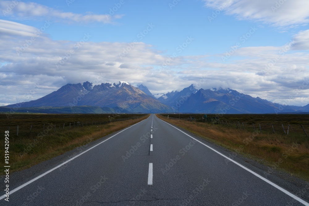 Fototapeta premium Long empty asphalt road leading towards distant mountain range under partly cloudy sky with grassy fields on both sides