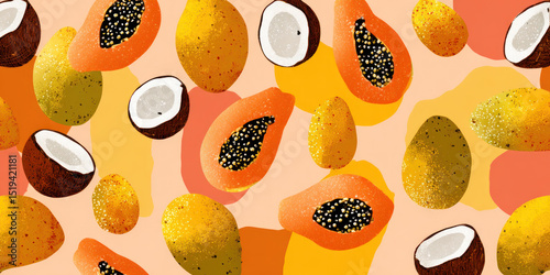 Colorful banner of tropical fruits including papaya, coconut, and mango on a vibrant background