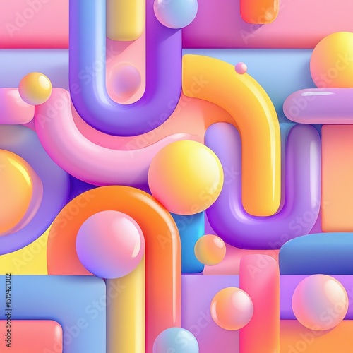 Colorful abstract arrangement of smooth rounded tubes and spheres in pastel shades creating a playful and dynamic visual composition