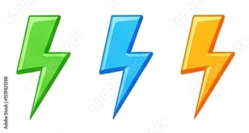Green Blue and Orange Lightning Bolts | Set of Colorful Electrical Power Symbols for Energy Companies, Graphic Design, and Web Icons