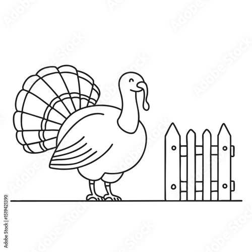 A turkey positioned by a wooden fence