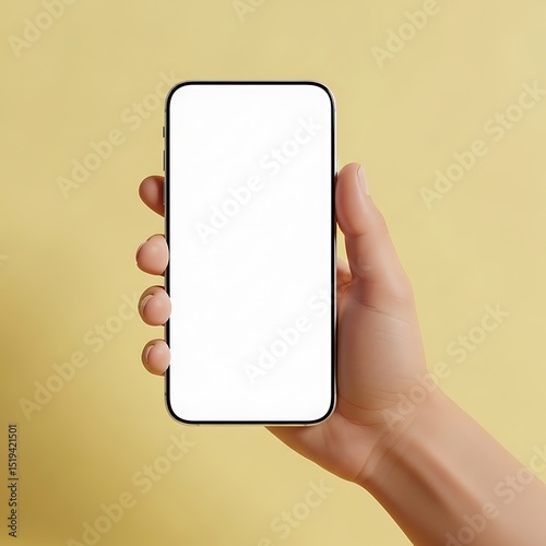 Hand Holding Modern Smartphone With Blank Screen Isolated On Beige Background For Technology Use. photo