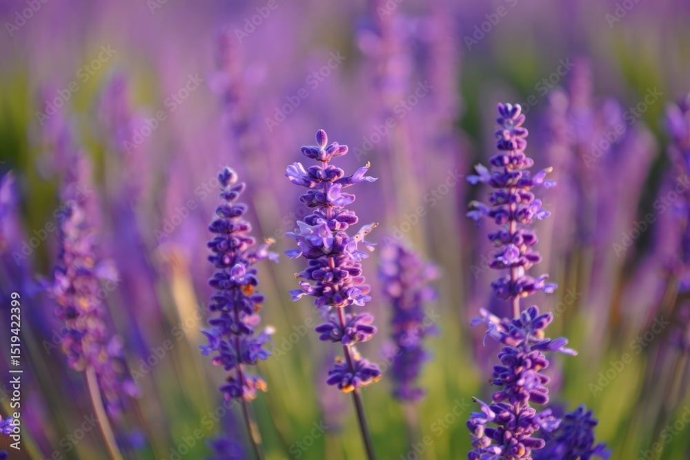 Naklejka premium Close-up of vibrant purple lavender flowers blooming in a sunlit garden with a soft, blurred green and purple background