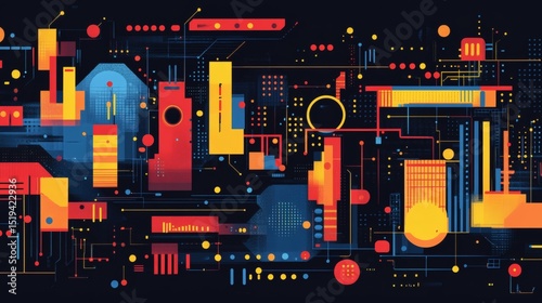 Abstract geometric illustration of a futuristic cityscape with vibrant colors and interconnected lines.
