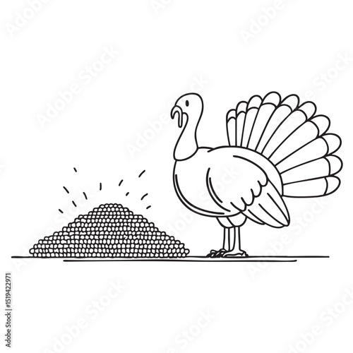 A turkey beside a heap of dried corn