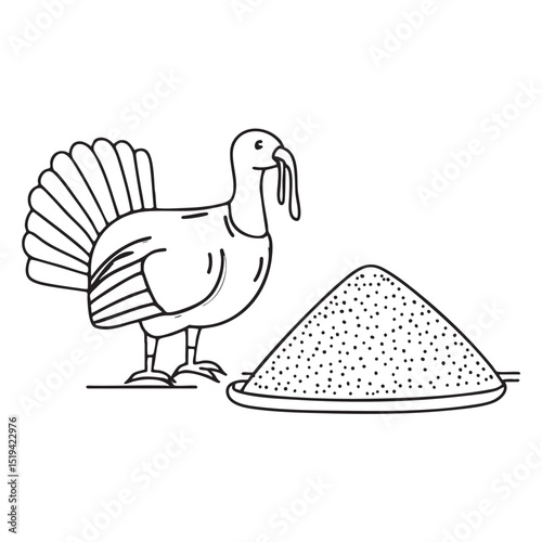 A turkey next to some dry corn kernels