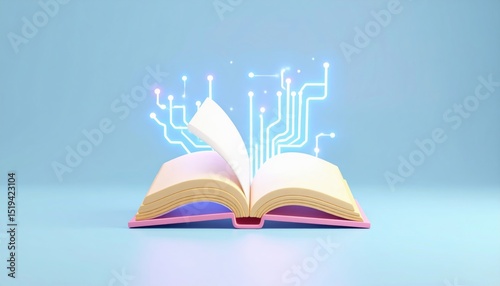 3d artificial education icon concept. Open book with digital circuits emerging from its pages.