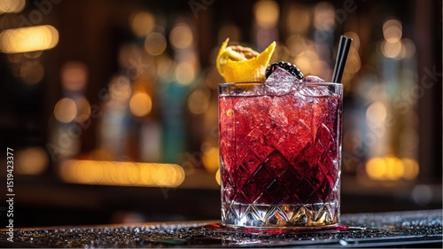 Blackberry Bramble cocktail on a Bar top With a lemon twist and straw