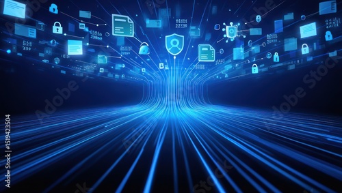 Glowing blue digital data streams flowing towards floating icons of files, locks, shields, and user profiles representing cybersecurity and information protection