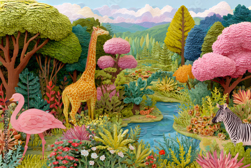 Colorful paper cut illustration of a vibrant jungle scene with animals and lush vegetation