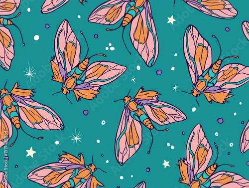 Seamless pattern of colorful moths with pink and orange wings on a teal background with small stars and dots creating a whimsical and lively design