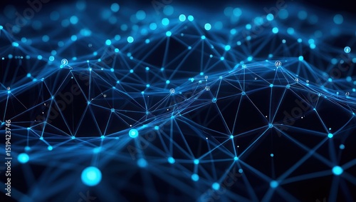 Abstract digital network with glowing blue nodes and interconnected lines forming a dynamic web on a dark background, conveying technology and data flow