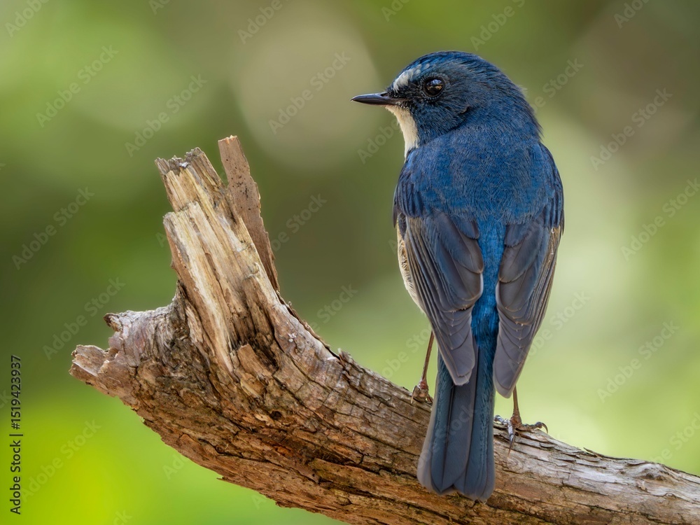 Fototapeta premium 森の中で周りを見渡しているルリビタキの雄の繊細で美しい羽毛の様子のクローズアップ