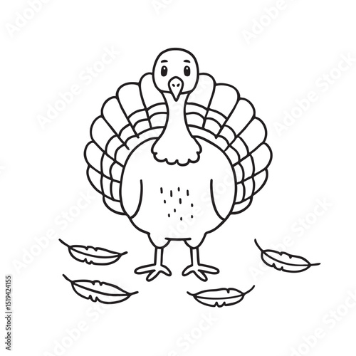 A turkey beside a few loose feathers