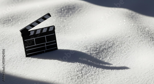 A clapperboard stands on crisp white winter snow, casting a long shadow on a sunny day. Film production and entertainment concept for holiday movie. photo