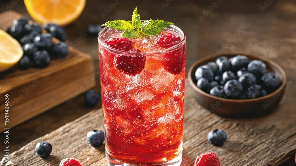 Refreshing raspberry blueberry cocktail drink with ice, fruit and mint on wood.