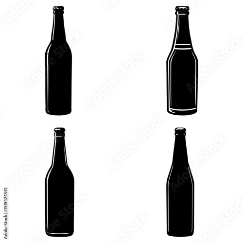 Illustration of four black and white beer bottles with different designs and bottle caps shown