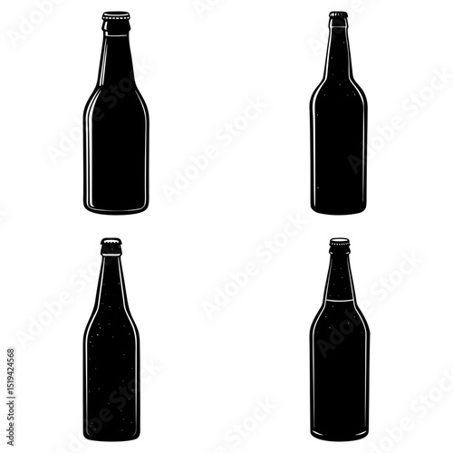 Four black silhouette beer bottles arranged in a square pattern on a white background illustration style