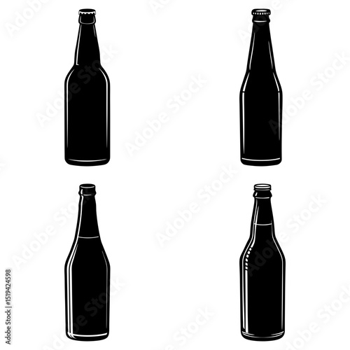 Four black and white beer bottles in a minimalist style with varying shapes and cap designs displayed