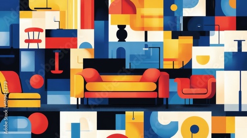 Abstract geometric living room interior design with red, yellow, and blue furniture.