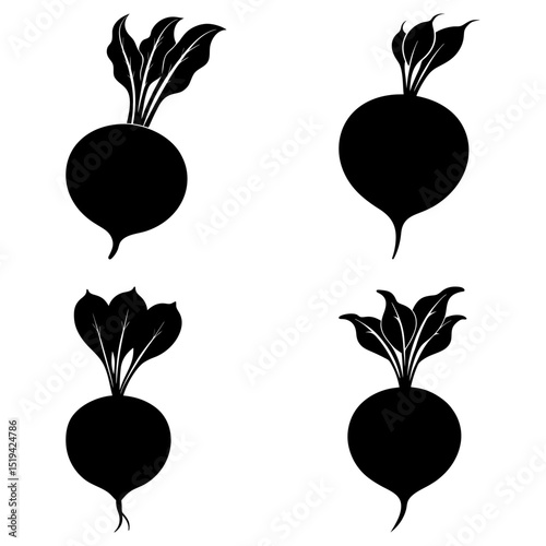 Four black silhouette illustrations of beets with leafy tops arranged on a white background evenly spaced