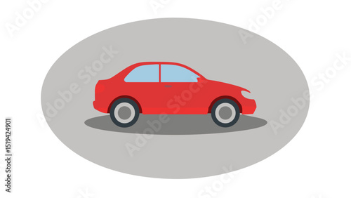Red compact car in a circular spot on a gray background, featuring a sleek, modern design