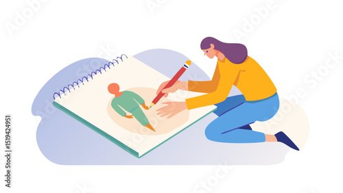 Illustration of a person drawing a figure in a sketchbook during daytime in a creative workspace