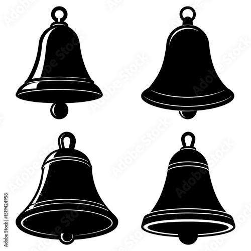 Collection of four black and white bell illustrations in varying shapes and styles on white background