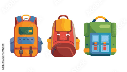 Brightly colored backpacks displayed in a row showcasing different styles and features for outdoor adventures