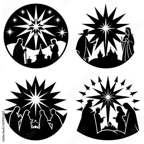 Four circular nativity scenes with stars and silhouettes of biblical figures and landscapes depicted
