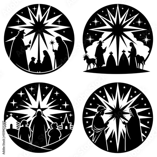 Four circular nativity scenes depicting the birth of jesus christ with stars and silhouettes of people and animals