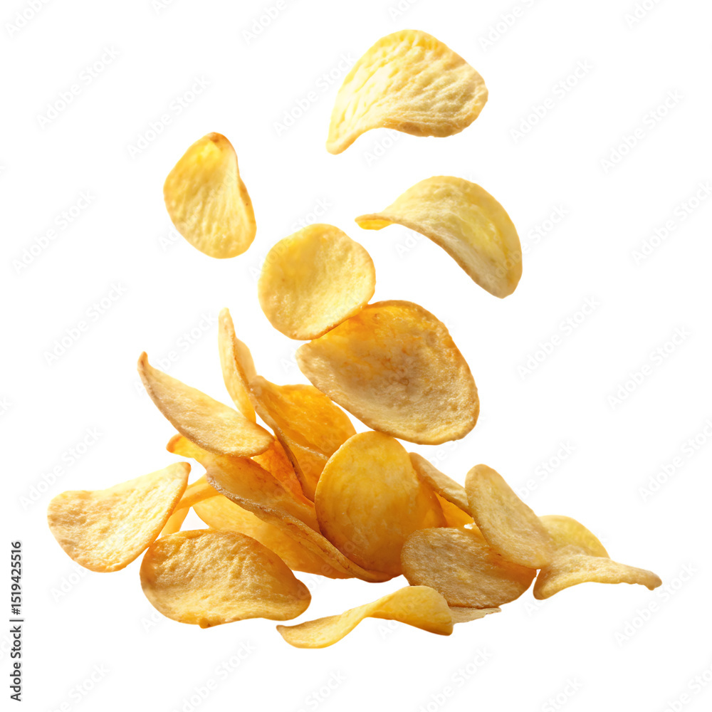 Delicious potato chips falling isolated on a white background png Delicious potato chips falling isolated on a white background png