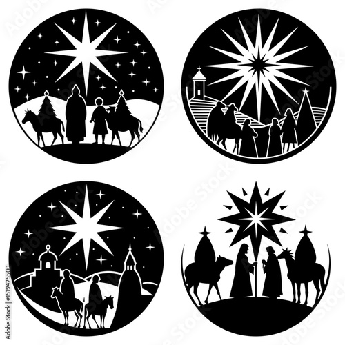 Four circular nativity scenes depicting the three wise men following the star in black and white style