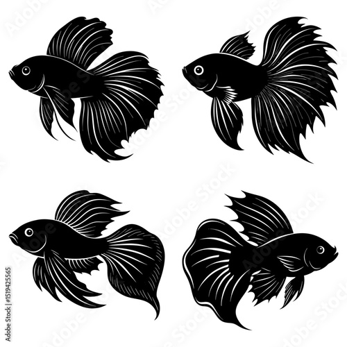 Four black and white stylized betta fish with flowing fins and tails in various positions and orientations