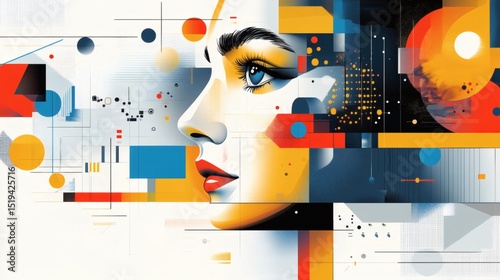 Abstract geometric portrait of a woman's face, blended with colorful shapes and lines.