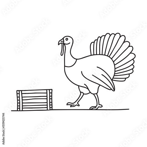 A turkey strolling next to a crate