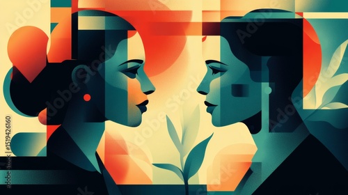 Abstract geometric portrait of two women facing each other, set against a backdrop of warm colors and stylized plants.