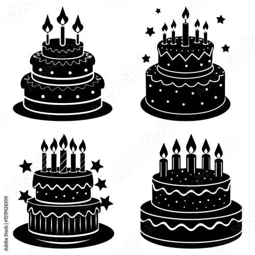 Illustration of four black and white birthday cakes with candles and stars in a vector graphic design