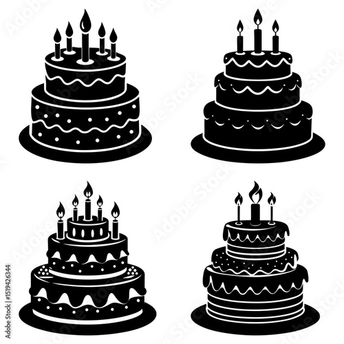 Illustration of four black and white tiered cakes decorated with candles on a white isolated background