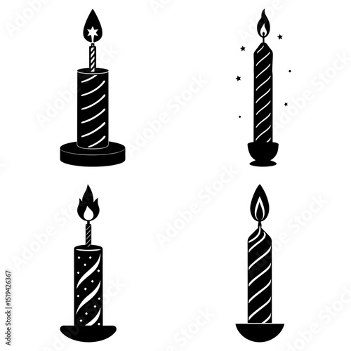 Collection of four stylized black and white birthday candles with flames and decorative patterns design