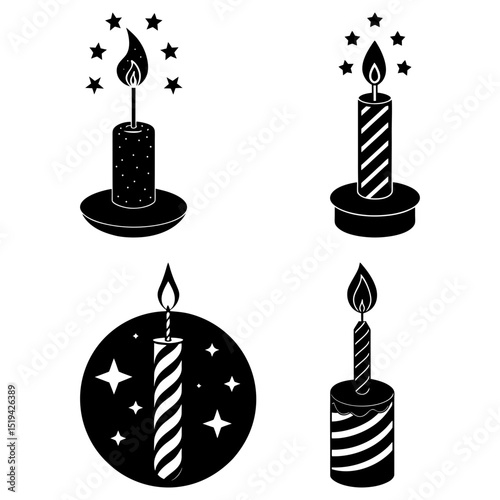 Illustration of four lit candles with varying designs surrounded by stars in black and white style