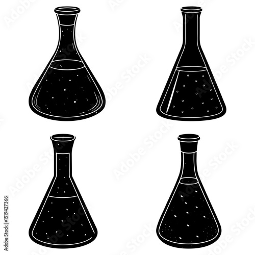 Four black and white conical flasks filled with liquid in a science laboratory setting shown in a pattern