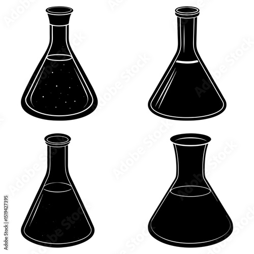 Four black and white conical flasks filled with different liquids in a laboratory setting, science theme